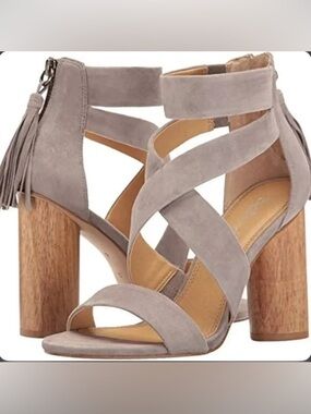 Splendid 10 Jara grey suede sandals wood block heel fringe festival summer party